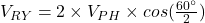 V_{RY} = 2\times V_{PH} \times cos(\frac{60^{\circ}}{2})