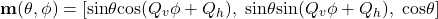 \[\textbf{m}(\theta, \phi) = \left[\textrm{sin}\theta\textrm{cos}(Q_v\phi + Q_h),\ \textrm{sin}\theta\textrm{sin}(Q_v\phi + Q_h),\ \textrm{cos}\theta\right]\]