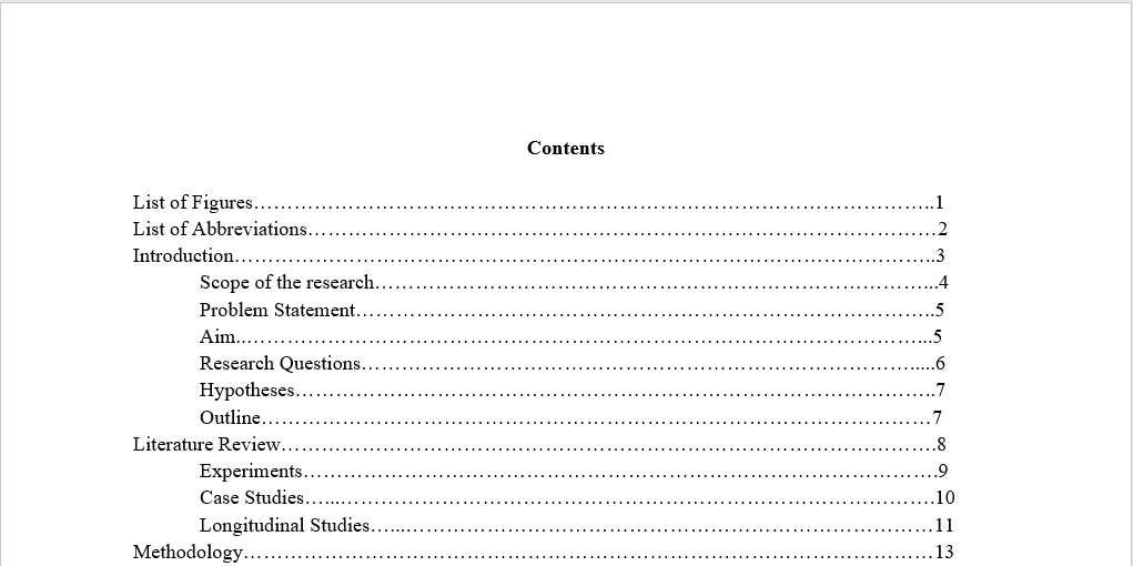 table of content for research report