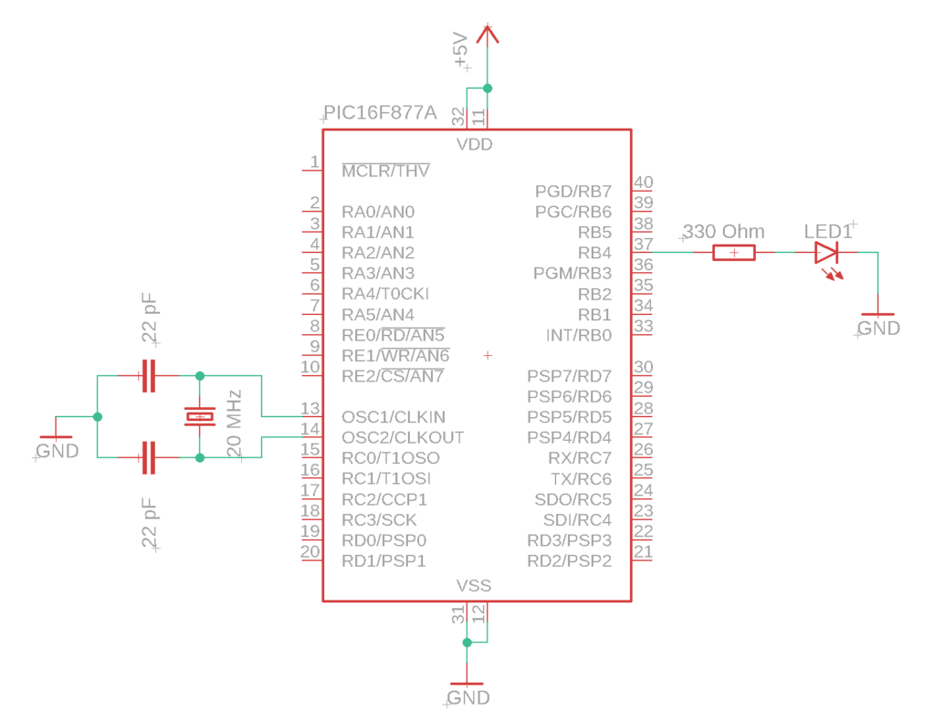 Schematic of the PIC16F877A with a single LED.