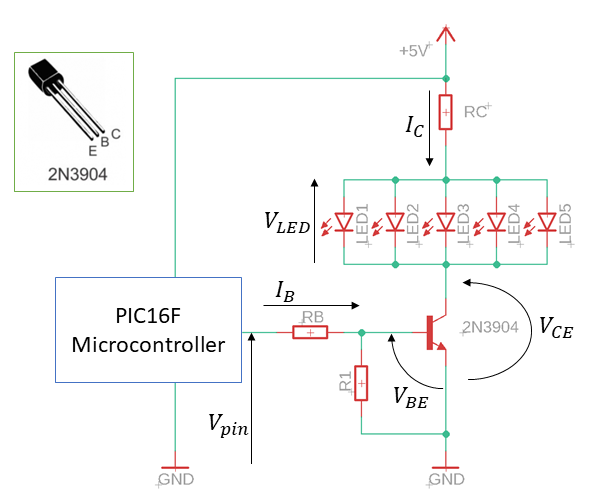 Using 2N3904 transistor to power 5 LEDs at once. Example on how to calculate RB and RC.