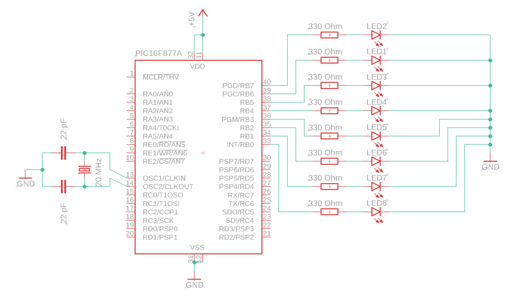 Schematic of interfacing 8 LEDs with the PIC16F877A.