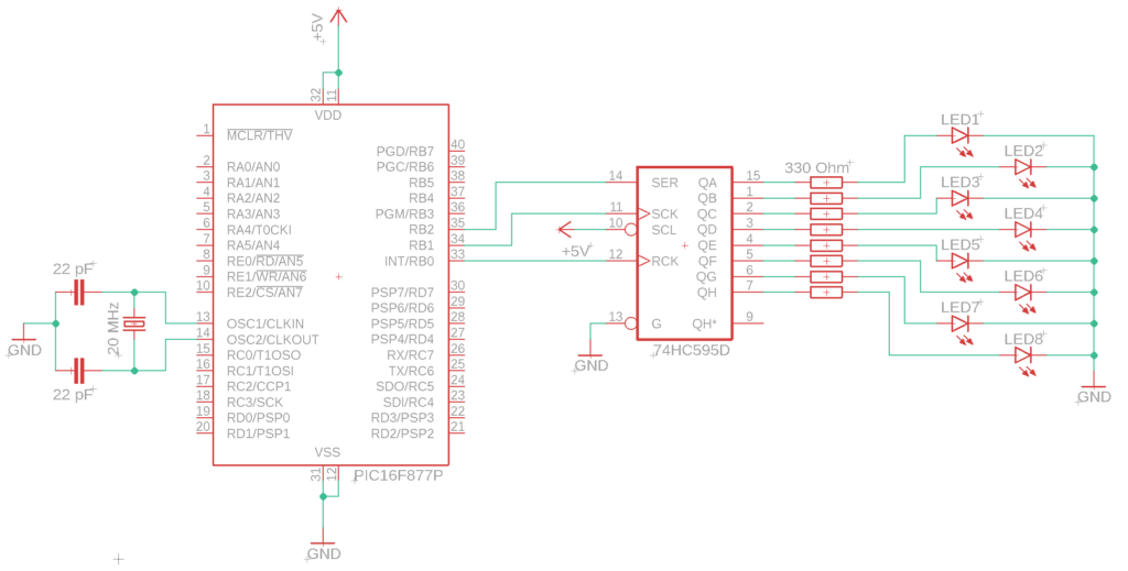 Schematic of PIC16F877A interfaced with 74HC595 Shift register.