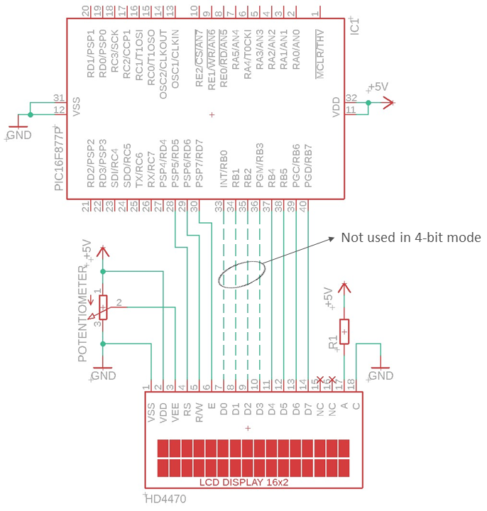 Circuit diagram for interfacing HD44780 LCD Screen with the PIC16F877A microcontroller.