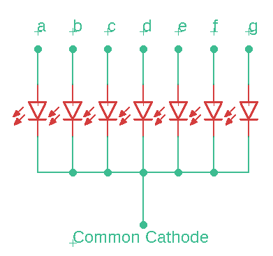 Schematic diagram of a common-cathode seven-segment LED display.