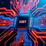 IGBT microchip surrounded by glowing red and blue PCB traces representing power and signal paths.