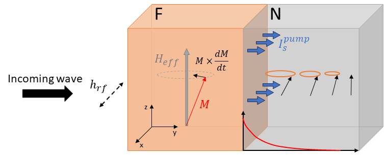 Fig 3. Illustration of a spin pumping experiment in a ferromagnet (F)/ normal metal (N) bilayer. The external rf field creates an precessing magnetization that drives the spin current into N, causing a non-equilibrium spin accumulation.