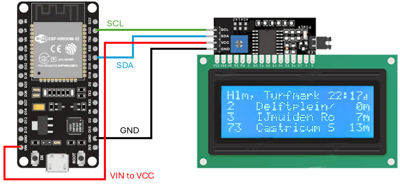 Fig. 2. Wiring connection between the ESP32 and I2C module of the 4x20 LCD display.